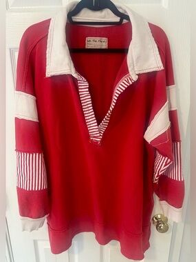 We The Free Free People Red Striped-Cuff Rugby Sweatshirt